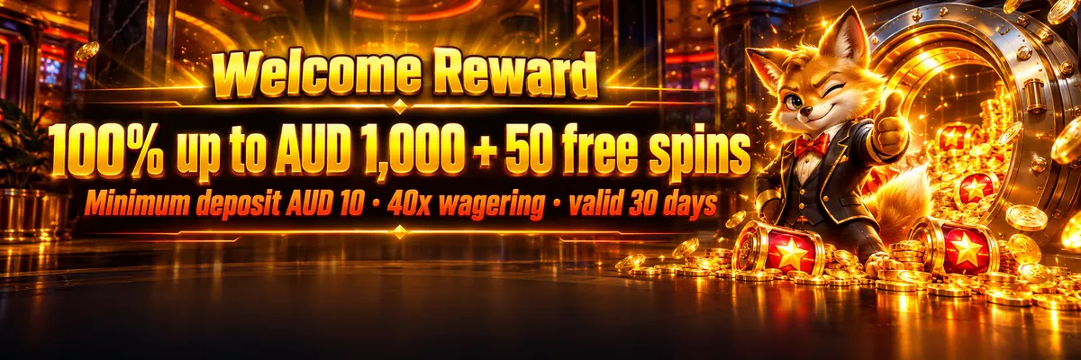 Golden fox mascot presenting a bright welcome reward inside a dark neon casino with yellow and orange lighting
